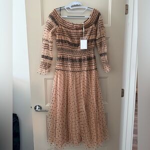 Self-Portrait Shirred Polka-dot Off Shoulder Midi Dress In Nude Black